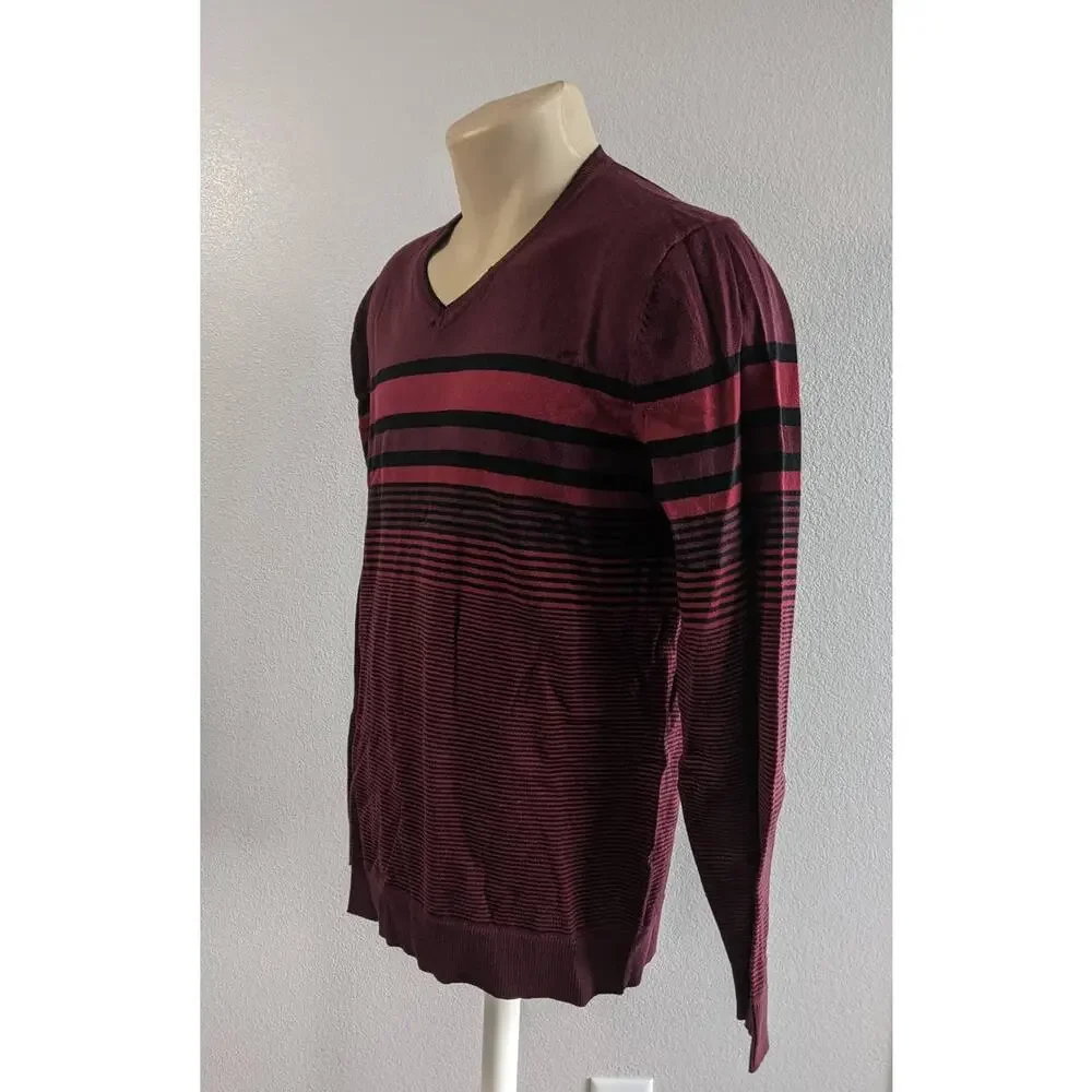 Alfani Small Men's Sweater Red and Black Striped Pullover V-Neck Lightweight New